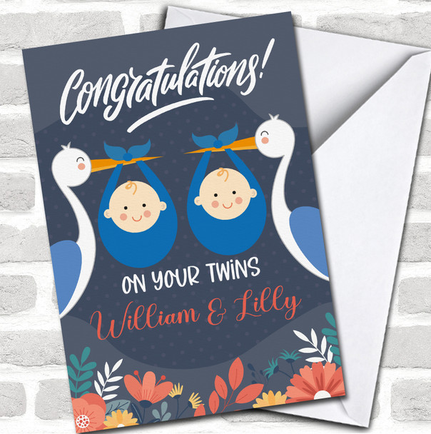 Storks With New Baby Boy Twins Congratulations Names Personalized Card