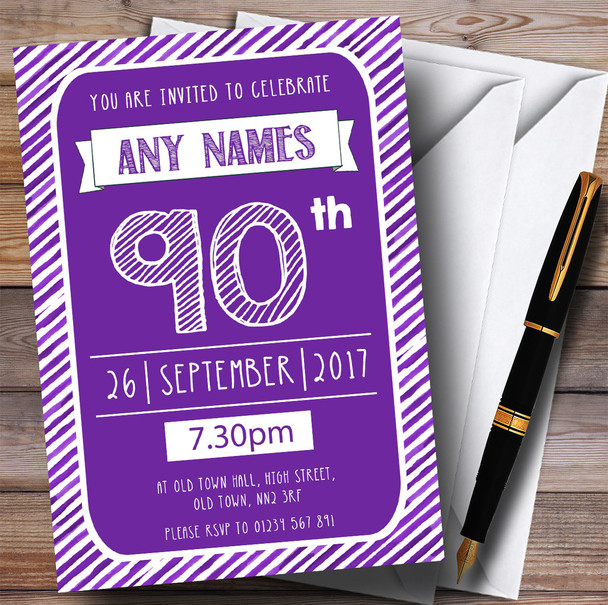 Purple & White Stripy Deco 90th Personalized Birthday Party Invitations