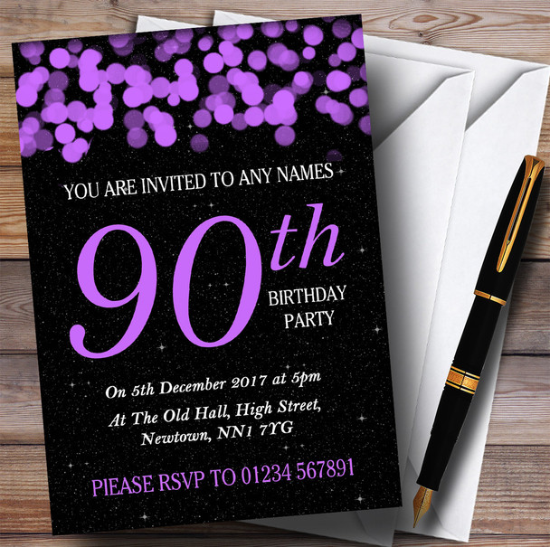 Purple Bokeh & Stars 90th Personalized Birthday Party Invitations