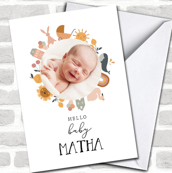 Hello Baby Newborn Fun Icons Wreath Photo Personalized Card