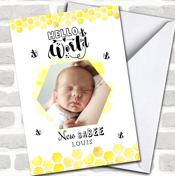 New Baby Bee Hello World Honeycomb Photo Personalized Card