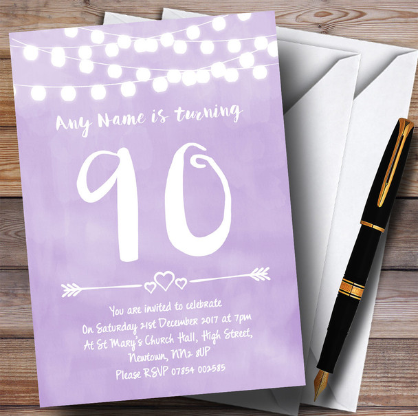 Purple Lilac Lights 90th Personalized Birthday Party Invitations