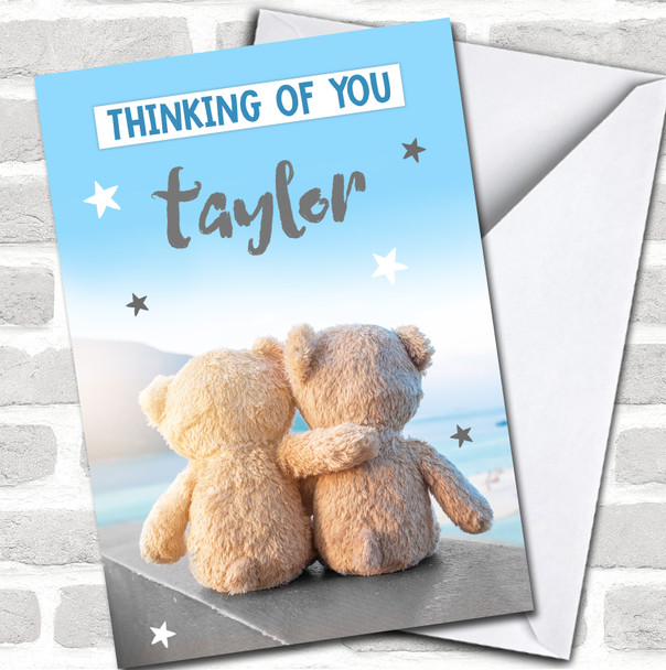 Thinking Of You Teddy Bear Hug Friend Cute Blue Sympathy Personalized Card