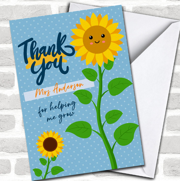 Smiling Sunflower Blue Yellow Teacher Thank You School Leavers Personalized Card