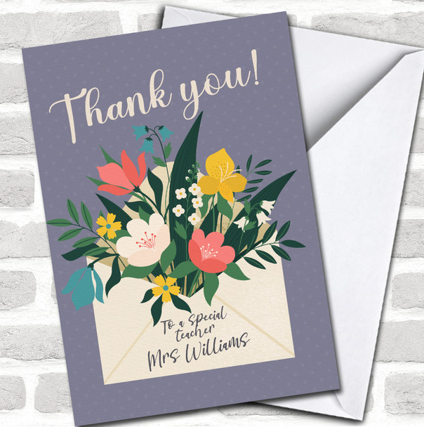 Polka Dot Bunch Of Flowers Envelope Special Teacher Thank You Personalized Card