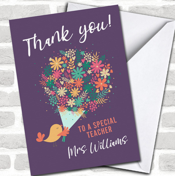 Bird Bright Flowers Special Teacher Thank You School Leavers Personalized Card