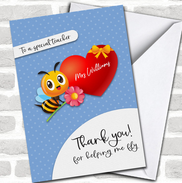 Cute Bee Love Heart Polka Dot Special Teacher Name Thank You Personalized Card