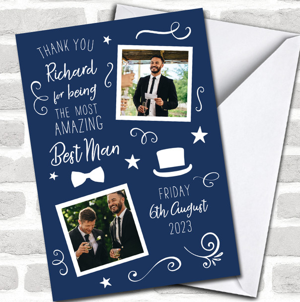 Thank You For Being Amazing Best Man Wedding Day Photo Blue Personalized Card