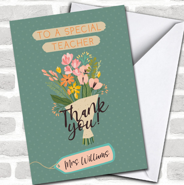Green Polka Dot Bunch Of Flowers Special Teacher Thank You Personalized Card