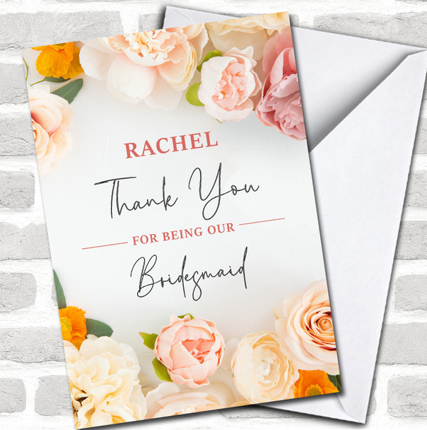 Thank You Bridesmaid Wedding Day Flowers Floral Pink Peach Personalized Card