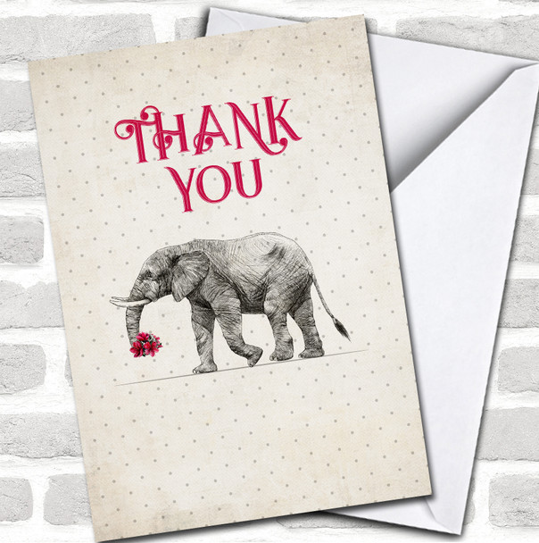 Elephant Holding Flower Thank You Card Polka Pink Flower Personalized Card