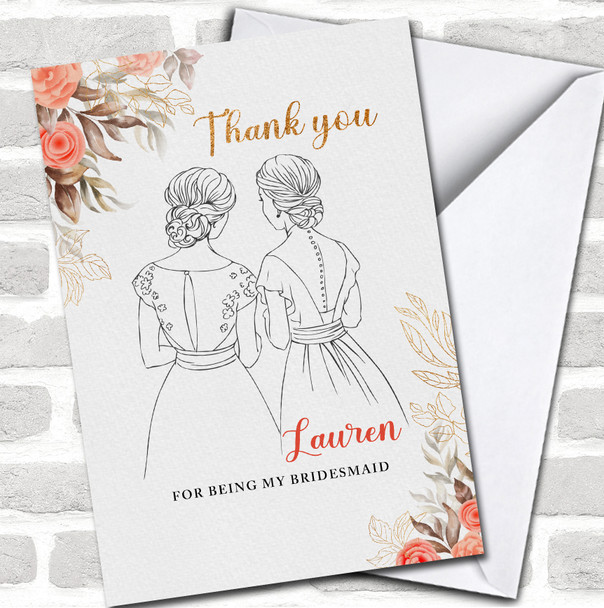 Floral Line Drawing Thank You Sparkle Bridesmaid Personalized Card