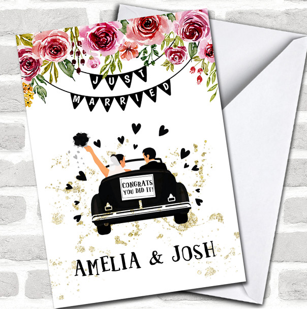 Just Married Congrats Wedding Day Car Floral Bride Groom Names Personalized Card