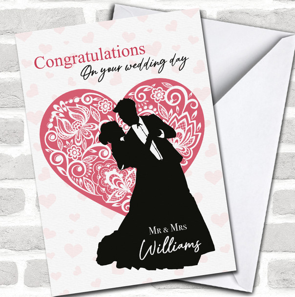 Silhouette Groom Bride Pink Heart Wedding Day Congratulations Personalized Card