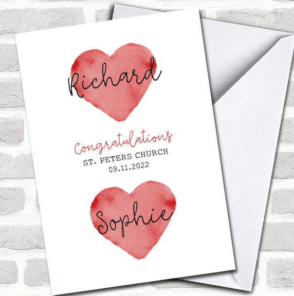 Wedding Day Married Two Love Hearts Names Painted Red Painted Personalized Card