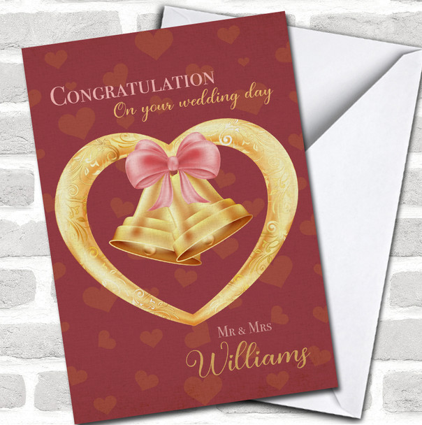 Gold Wedding Bells Congratulations Wedding Day Mr & Mrs Name Personalized Card