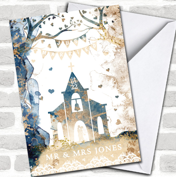Just Married Wedding Name & Date Church Vintage Blue Golden Personalized Card