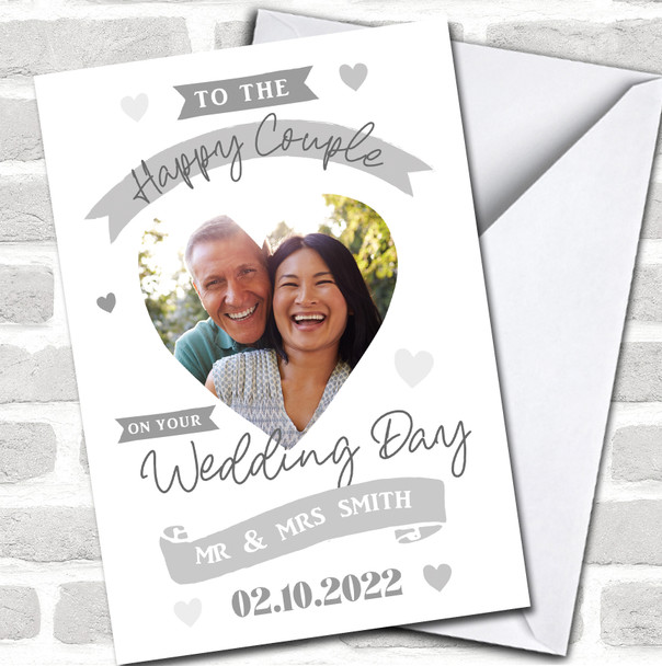 To The Happy Couple On Your Wedding Day Photo Silver Heart Personalized Card