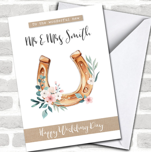 Wonderful New Mr & Mrs Wedding Day Horseshoe Flowers Pink Personalized Card