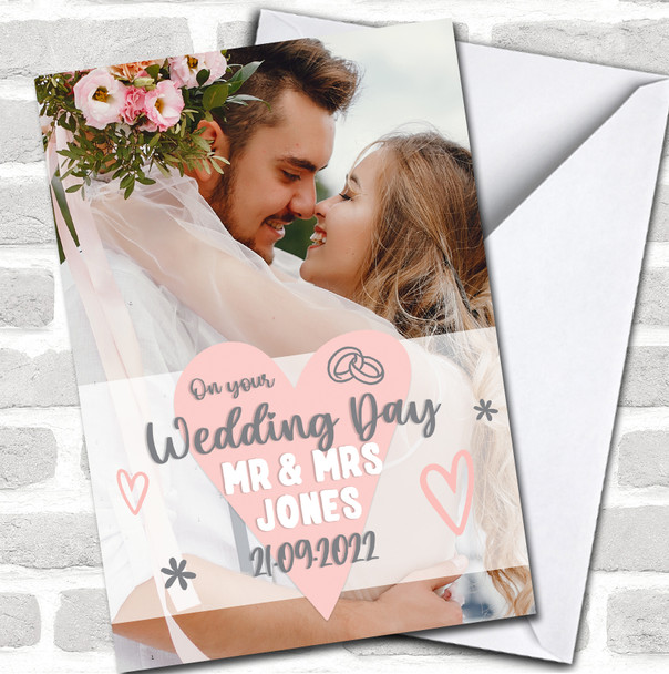 On Your Wedding Day Photo Typographic Heart Banner Date Personalized Card