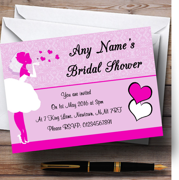 Hot Pink Bride Hearts Personalized Bridal Shower Party Invitations