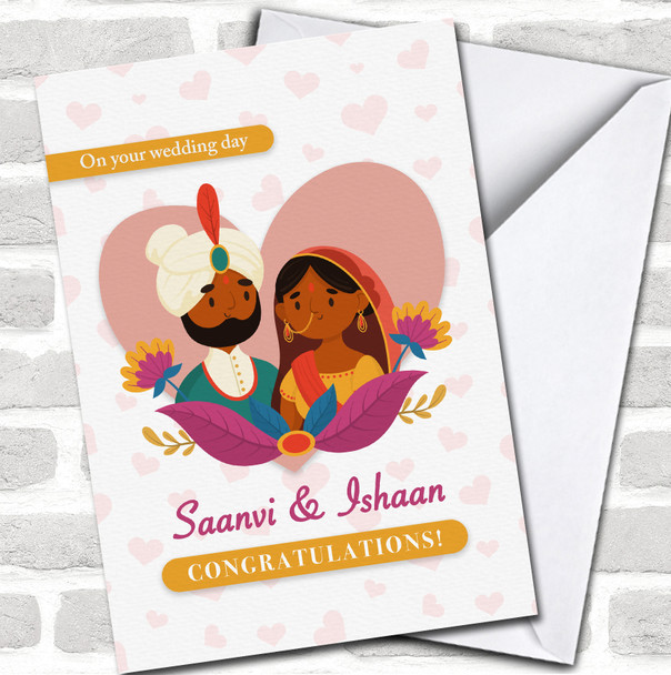 Indian Traditional Gold Wedding Couple Bright Floral Personalized Card