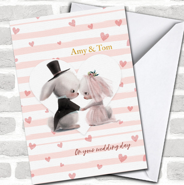 Watercolor Cute Wedding Day Bunnies Names Hearts Personalized Card