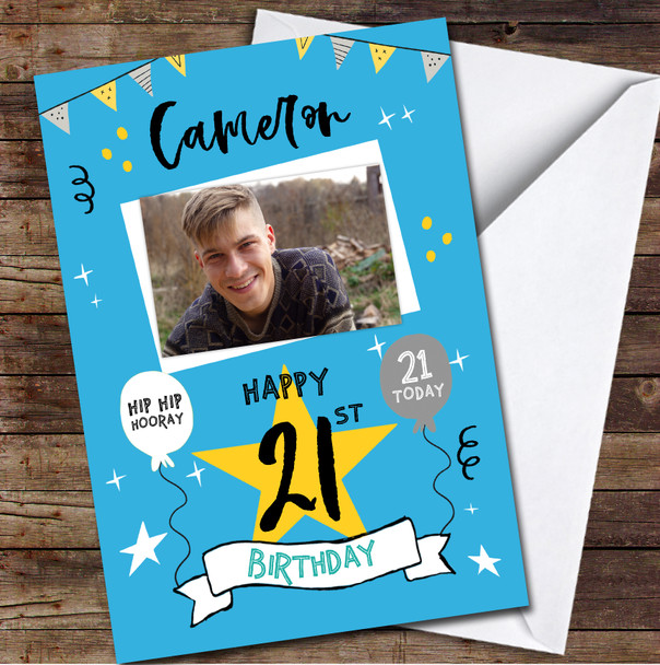 21st Birthday Male Party Blue Photo Personalized Birthday Card