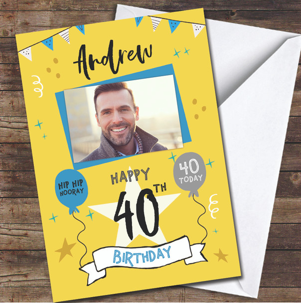 40th Birthday Male Party Yellow Photo Personalized Birthday Card