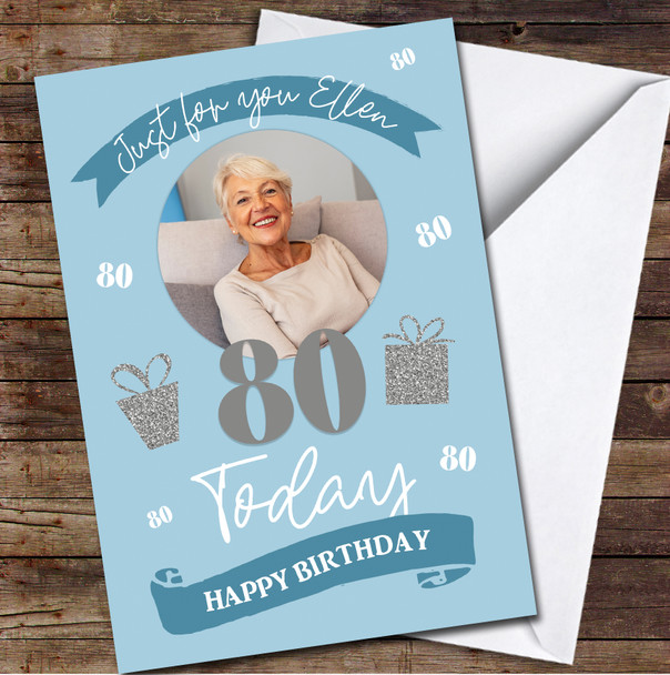 80 Today 80th Birthday Blue Female Gift Banner Photo Personalized Birthday Card
