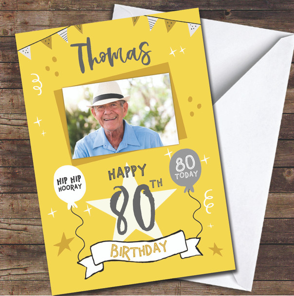 80th Birthday Male Party Yellow Photo Personalized Birthday Card