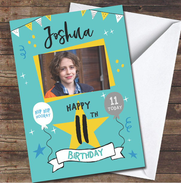 11th Birthday Boy Turquoise Party Bright Photo Personalized Birthday Card