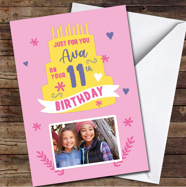 11th Birthday Girl Yellow Pink Cake Photo Personalized Birthday Card