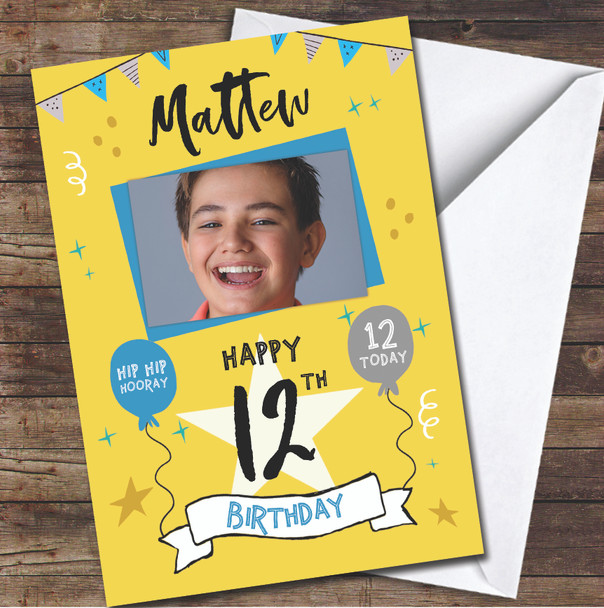 12th Birthday Boy Party Yellow Photo Personalized Birthday Card