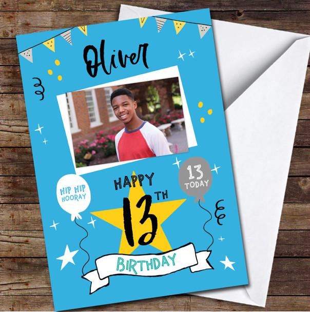 13th Birthday Boy Party Blue Photo Personalized Birthday Card