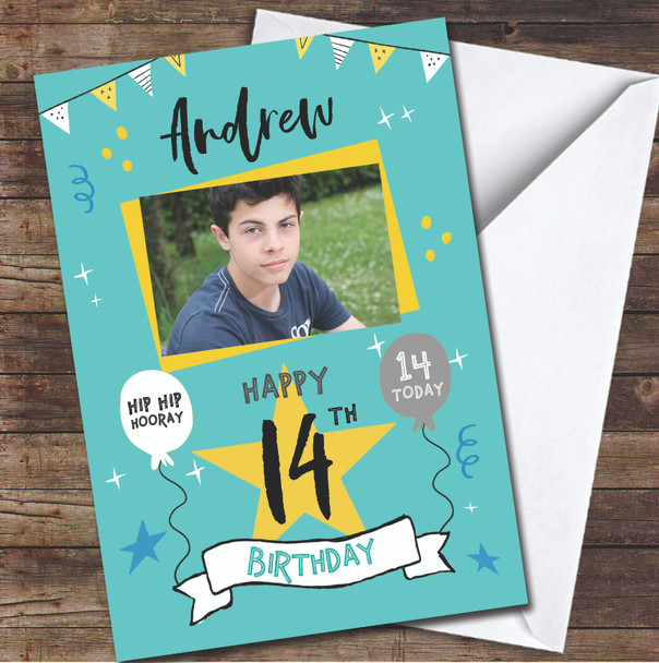 14th Birthday Boy Turquoise Party Bright Photo Personalized Birthday Card