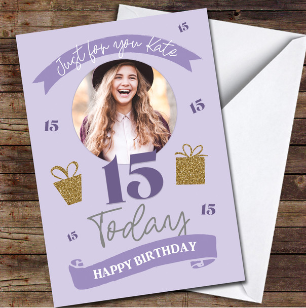 15th Today Birthday Girl Purple Gift Banner Photo Personalized Birthday Card