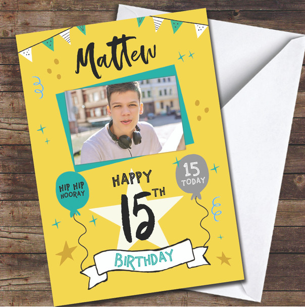 15th Birthday Boy Party Yellow Photo Personalized Birthday Card