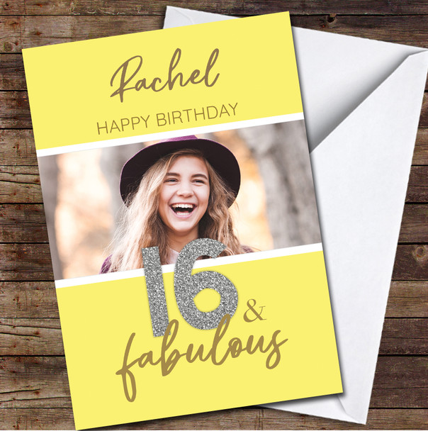 16th 16 & Fabulous Yellow Silver Glitter Photo Personalized Birthday Card