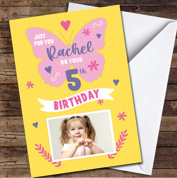 5th Birthday Girl Yellow Pink Butterfly Photo Personalized Birthday Card