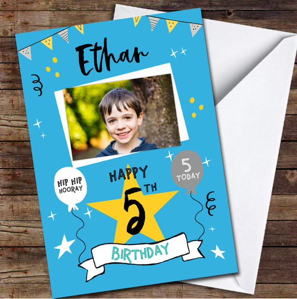 5th Birthday Boy Party Blue Photo Personalized Birthday Card