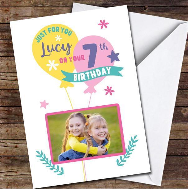 7th Birthday Girl Balloons Pink Photo Personalized Birthday Card