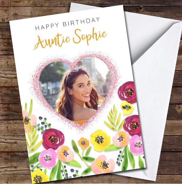 Auntie Flower Yellow & Pink Floral Heart Photo Happy Personalized Birthday Card