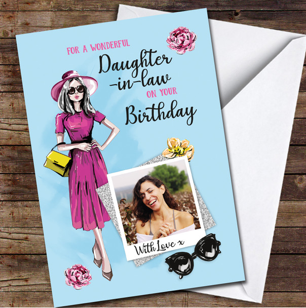 Daughter-in-law Pink Dress Glam Beauty Photo Glitter Personalized Birthday Card