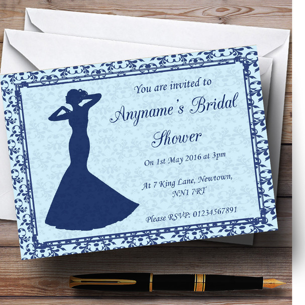 Blue Classic Vintage Personalized Bridal Shower Party Invitations