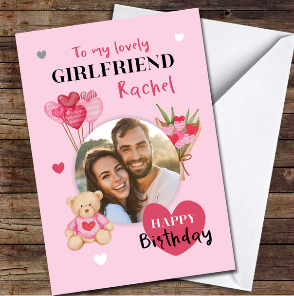 Girlfriend Pink Romantic Teddy Heart Balloons Photo Personalized Birthday Card