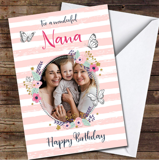 Nana Flower Wreath Photo Floral Stripe Pretty Peach Personalized Birthday Card