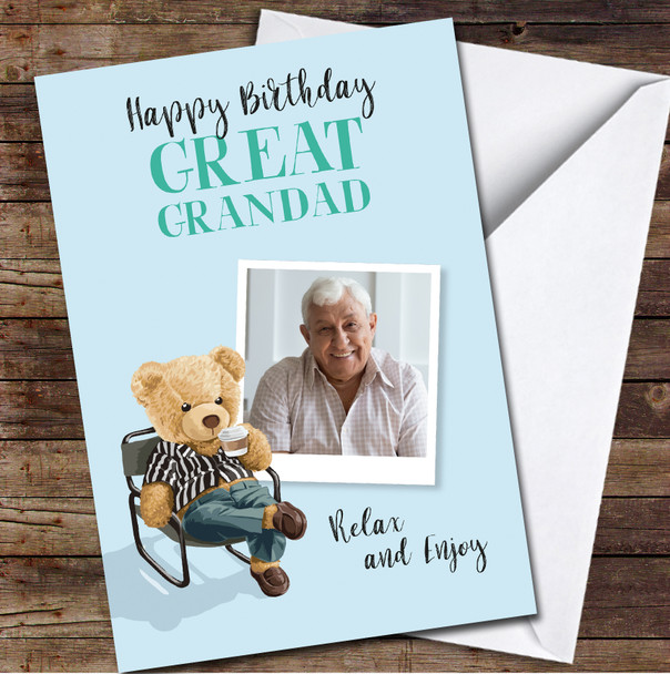 Great Grandad Birthday Bear Relax Coffee Photo Blue Personalized Birthday Card