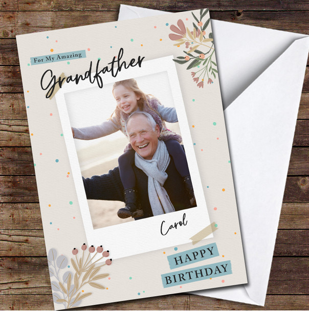 Grandfather Birthday Photo Frame With Flowers Card Personalized Birthday Card