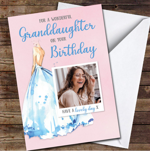 Granddaughter Blue Dress Beauty Pink Photo Female Personalized Birthday Card